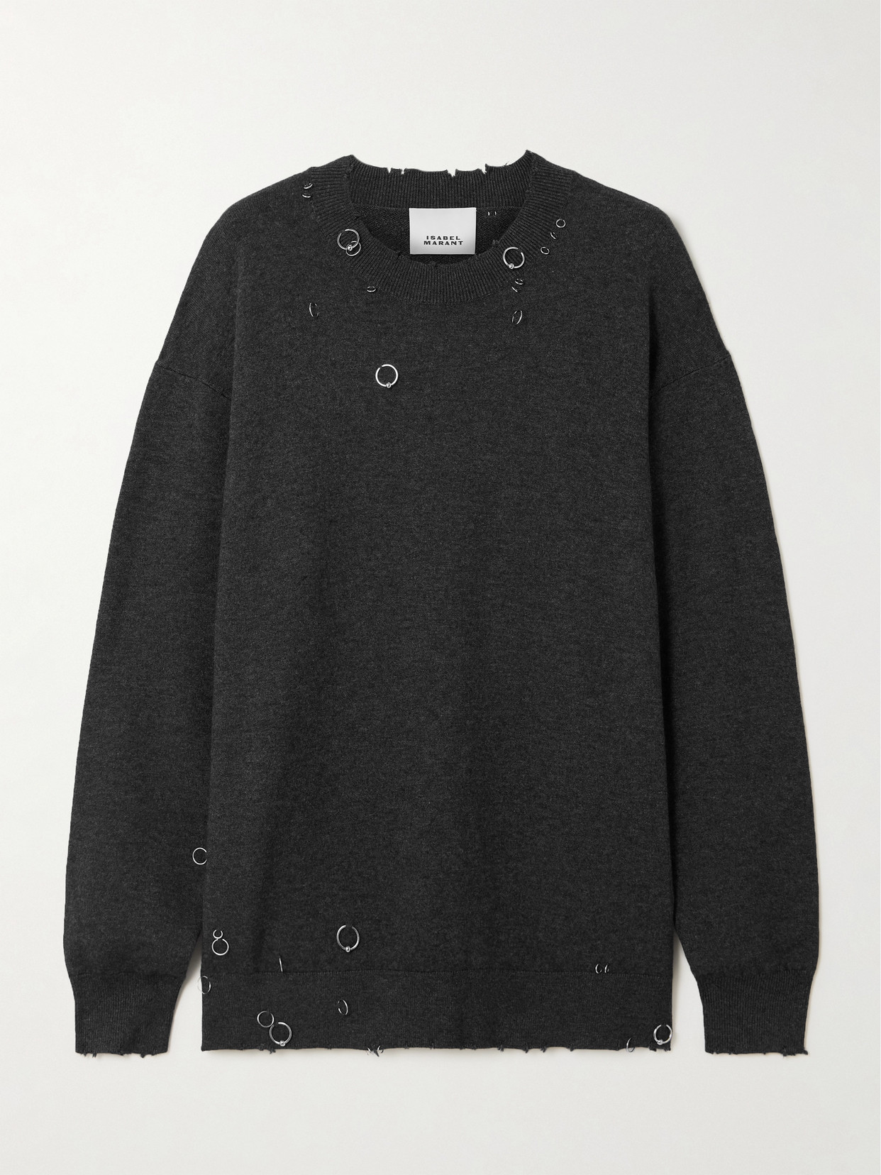 Isabel Marant Cassandre Embellished Distressed Knitted Sweater In Gray