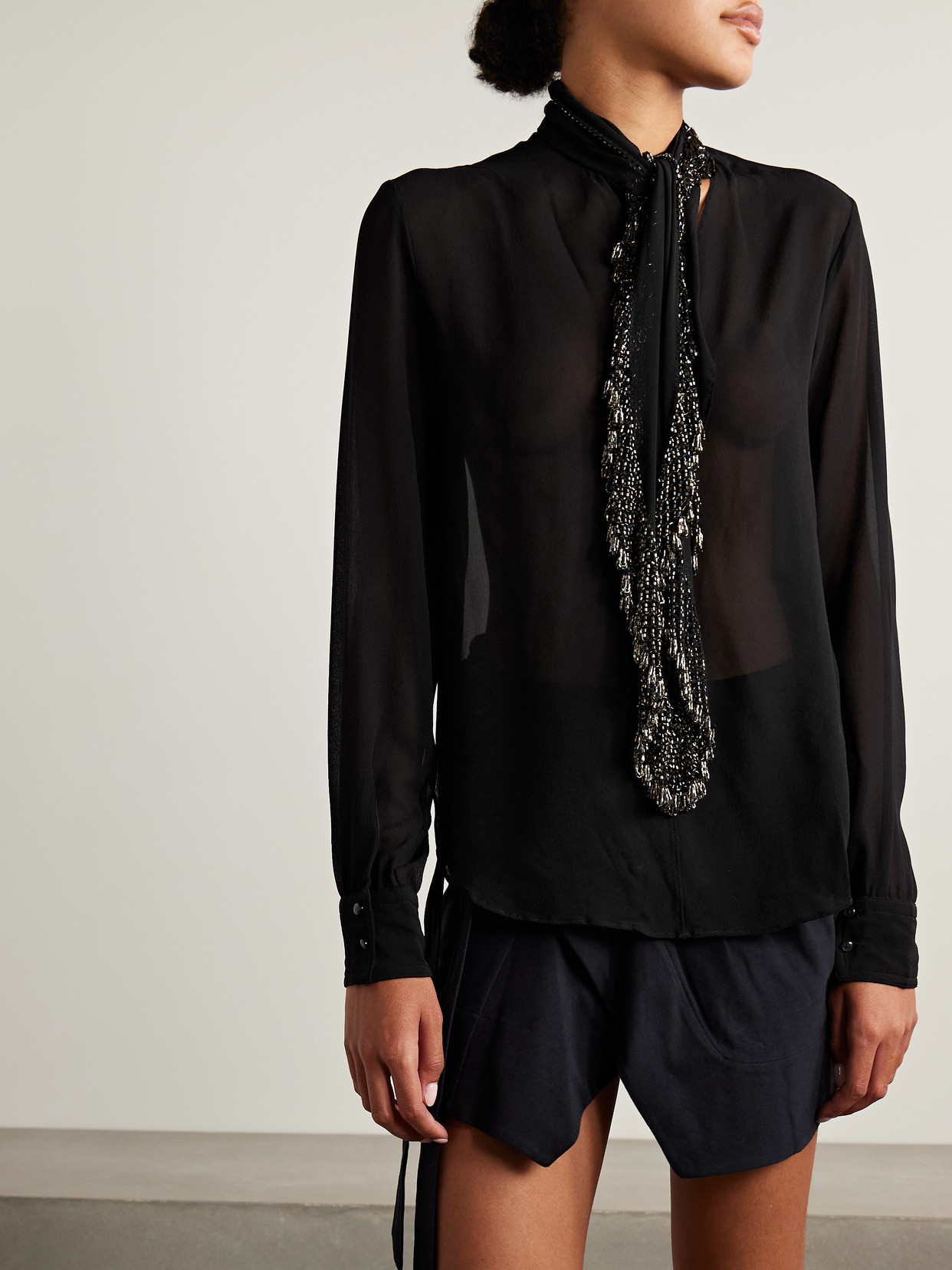 Isabel Marant Elaura Bead-embellished Semi-sheer Silk-georgette Blouse In Black