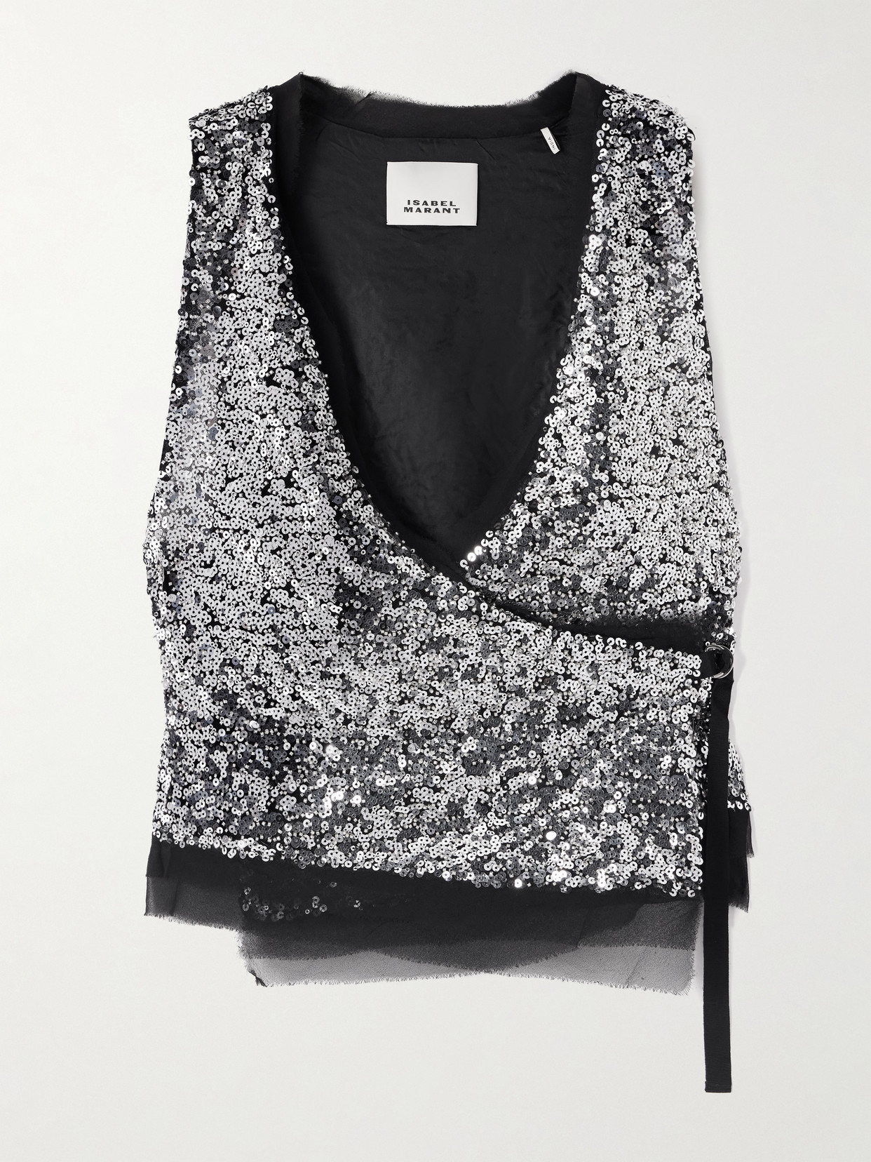 Isabel Marant Tahina Tulle-trimmed Sequined Crepe Wrap Top In Silver