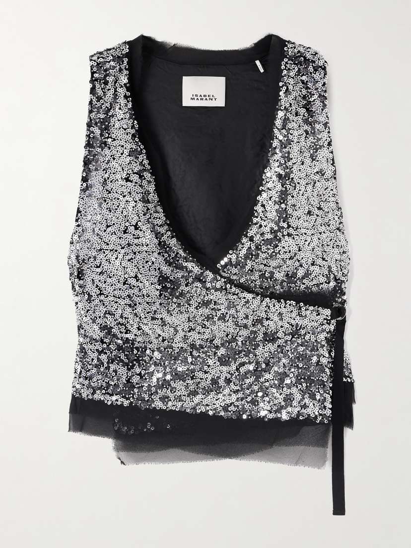 Isabel Marant Tahina Tulle-trimmed Sequined Crepe Wrap Top