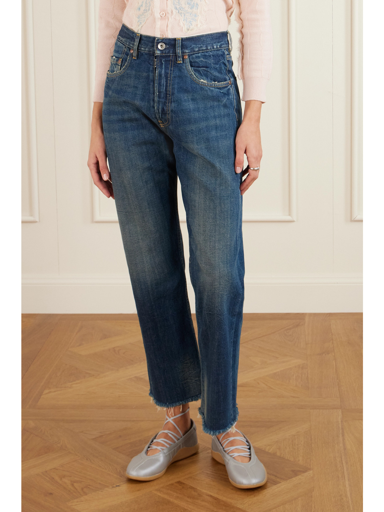 Frayed Distressed Straight-Leg Jeans