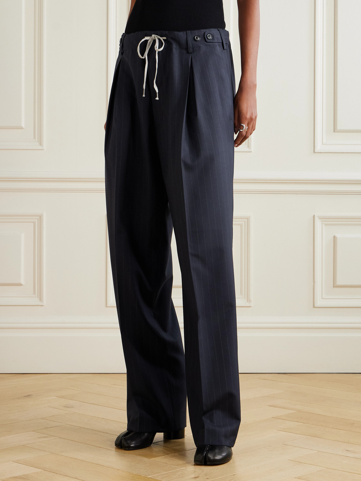 Maison Margiela Pleated Pinstriped Wool Wide-leg Pants In Blue