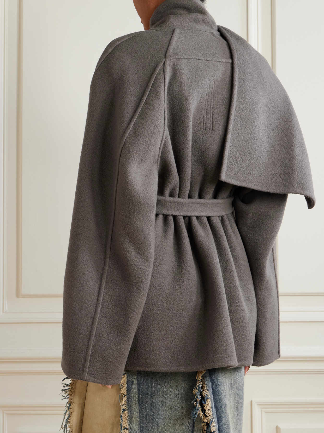 Rick Owens Scarf-detailed Belted Cashmere Jacket In Gray