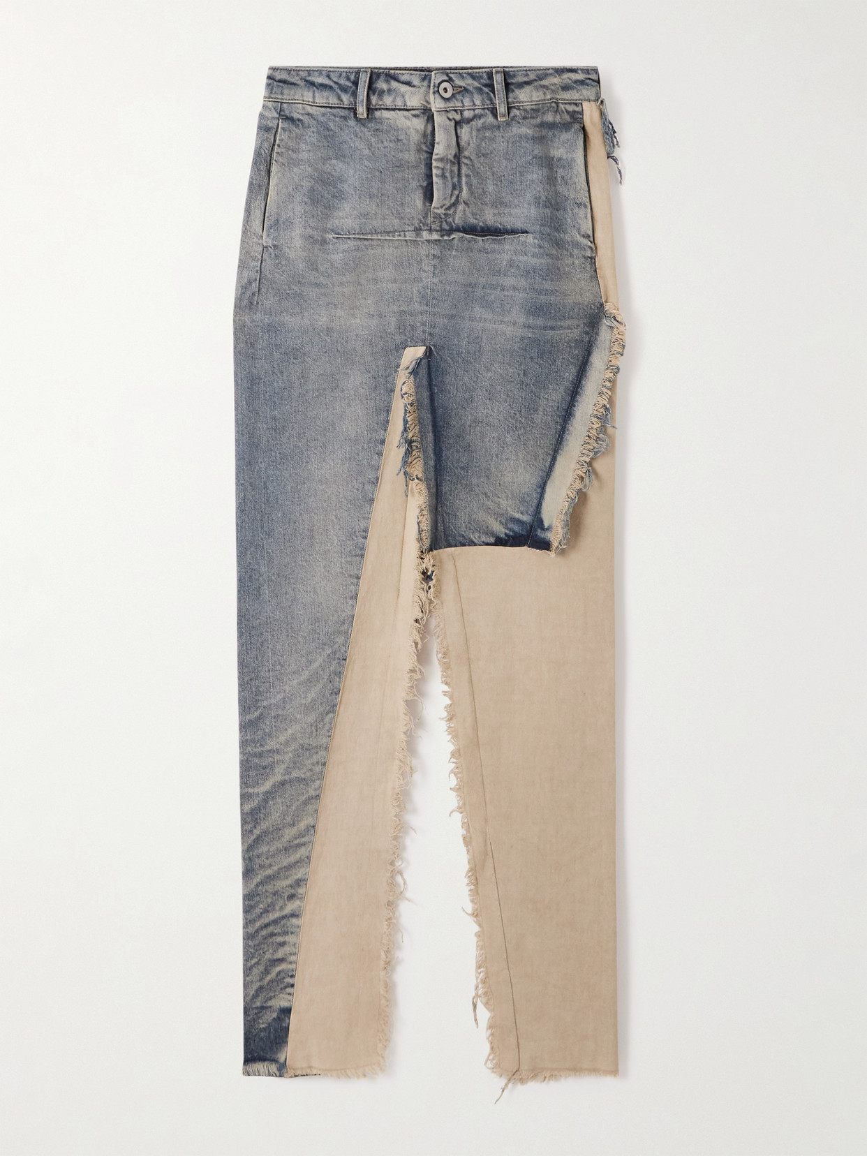 Rick Owens Distressed Cotton-trimmed Denim Maxi Skirt In Blue
