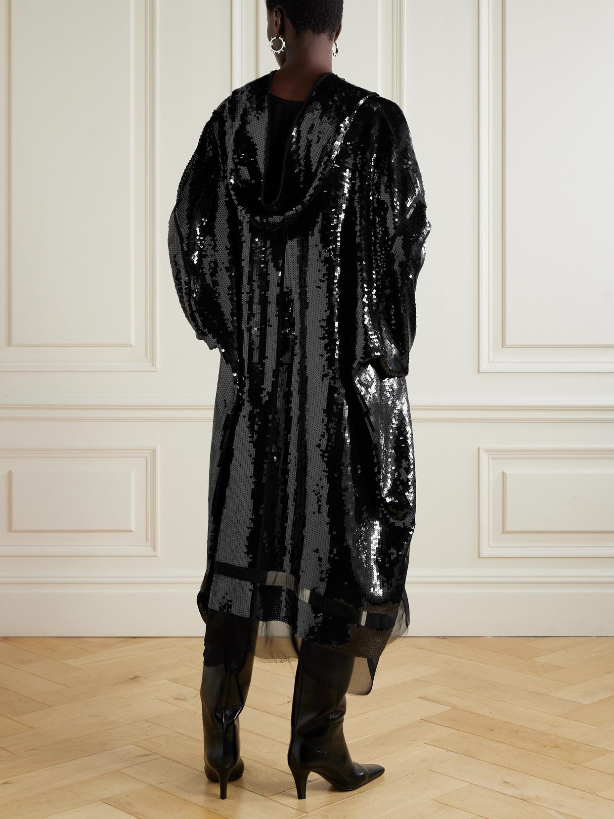 Rick Owens Hooded Tulle-trimmed Sequined Silk-crepe Kaftan In Black