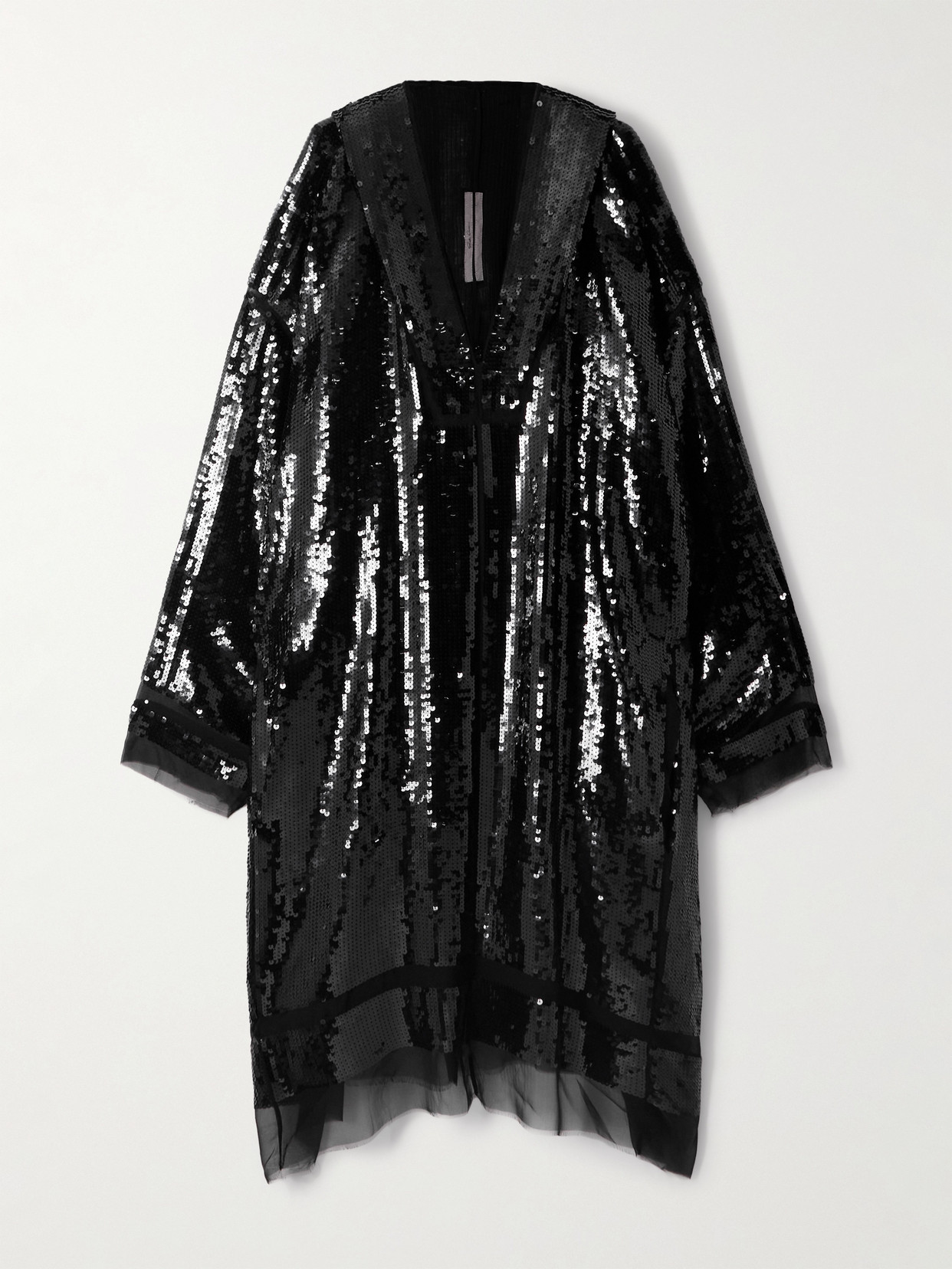 Rick Owens Hooded Tulle-trimmed Sequined Silk-crepe Kaftan In Black