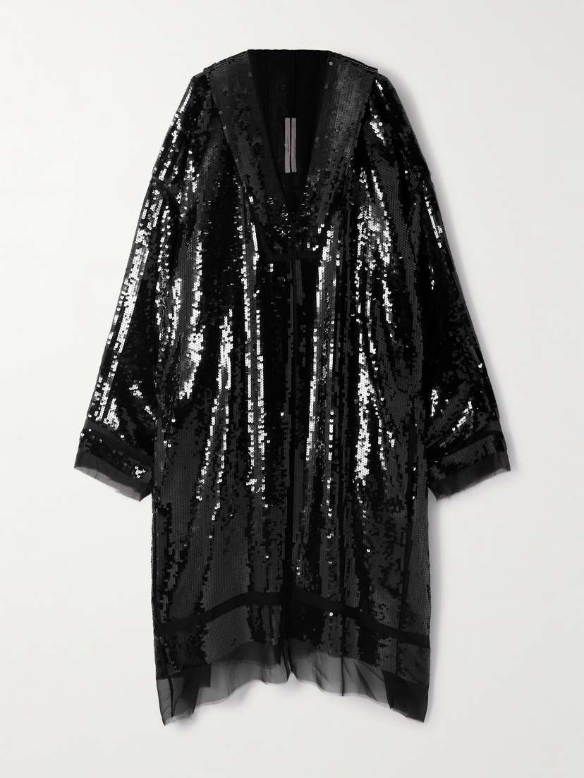 Rick Owens Hooded Tulle-trimmed Sequined Silk-crepe Kaftan