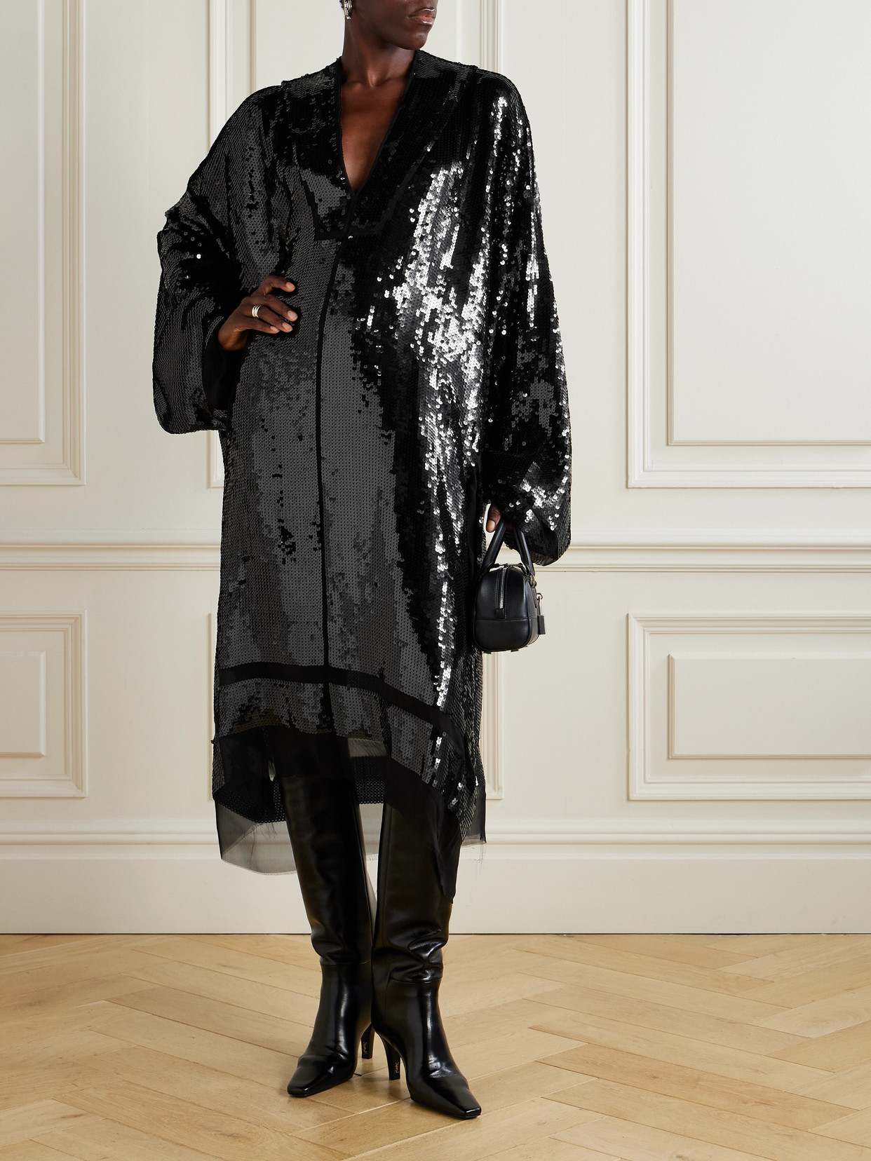 Rick Owens Hooded Tulle-trimmed Sequined Silk-crepe Kaftan In Black