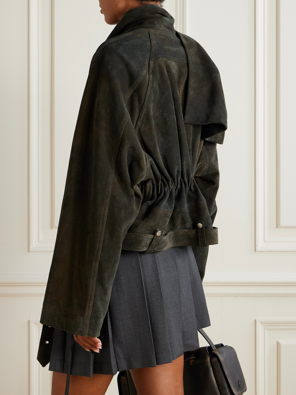 Rick Owens Scarf-detailed Suede Biker Jacket In Brown
