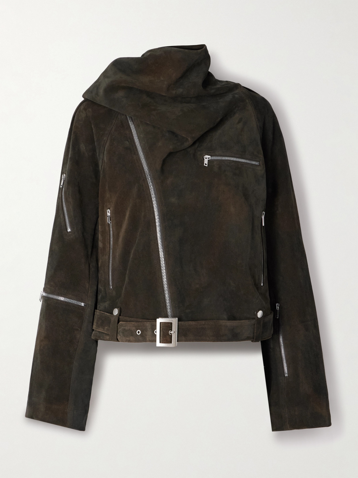 Rick Owens Scarf-detailed Suede Biker Jacket In Brown