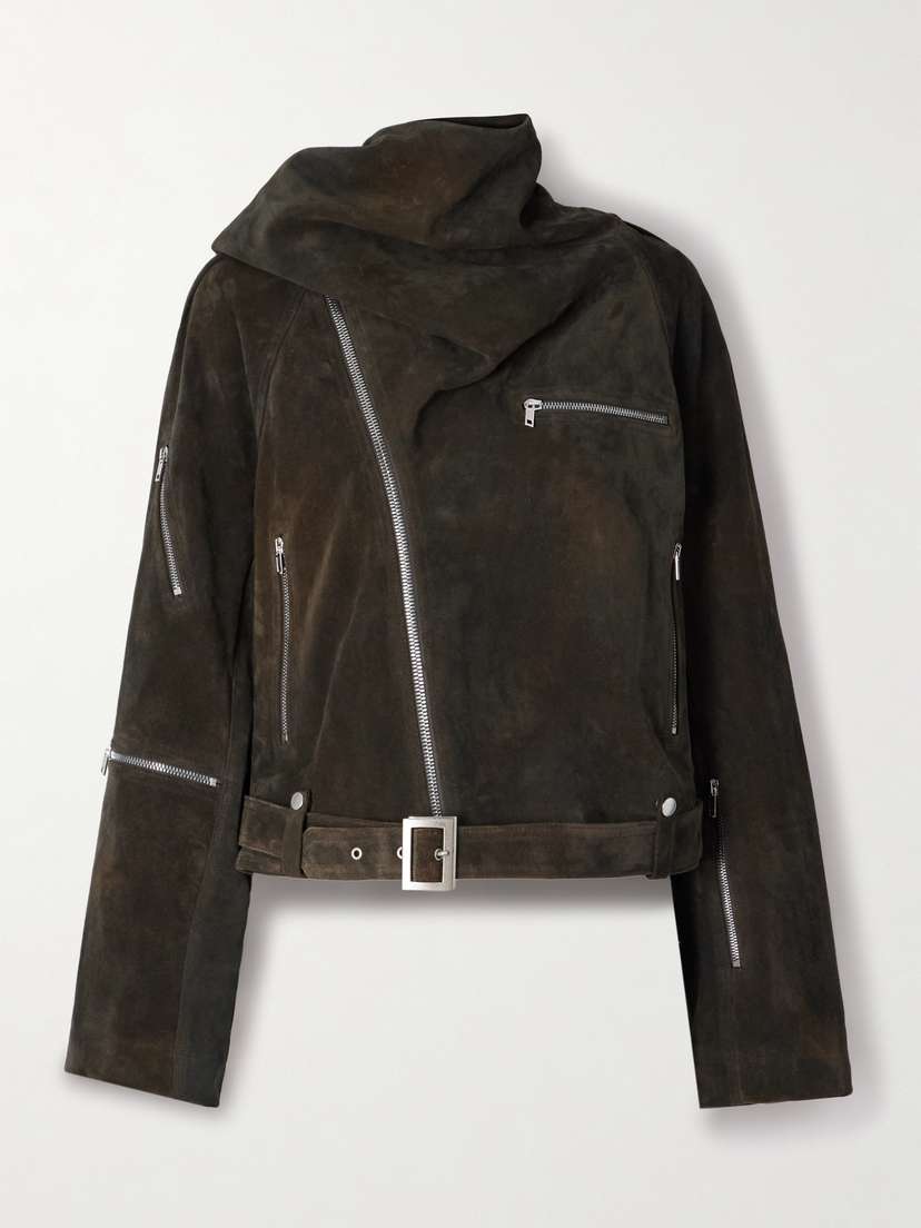 Rick Owens Scarf-detailed Suede Biker Jacket