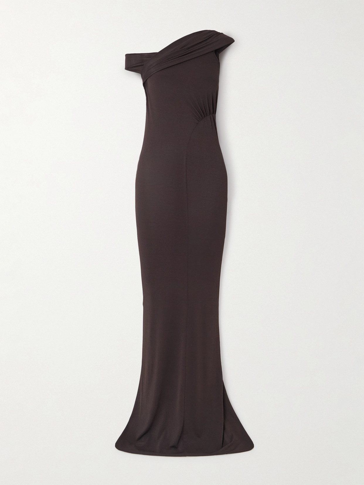 Rick Owens Sahara Asymmetric Paneled Gathered Jersey Gown In Brown