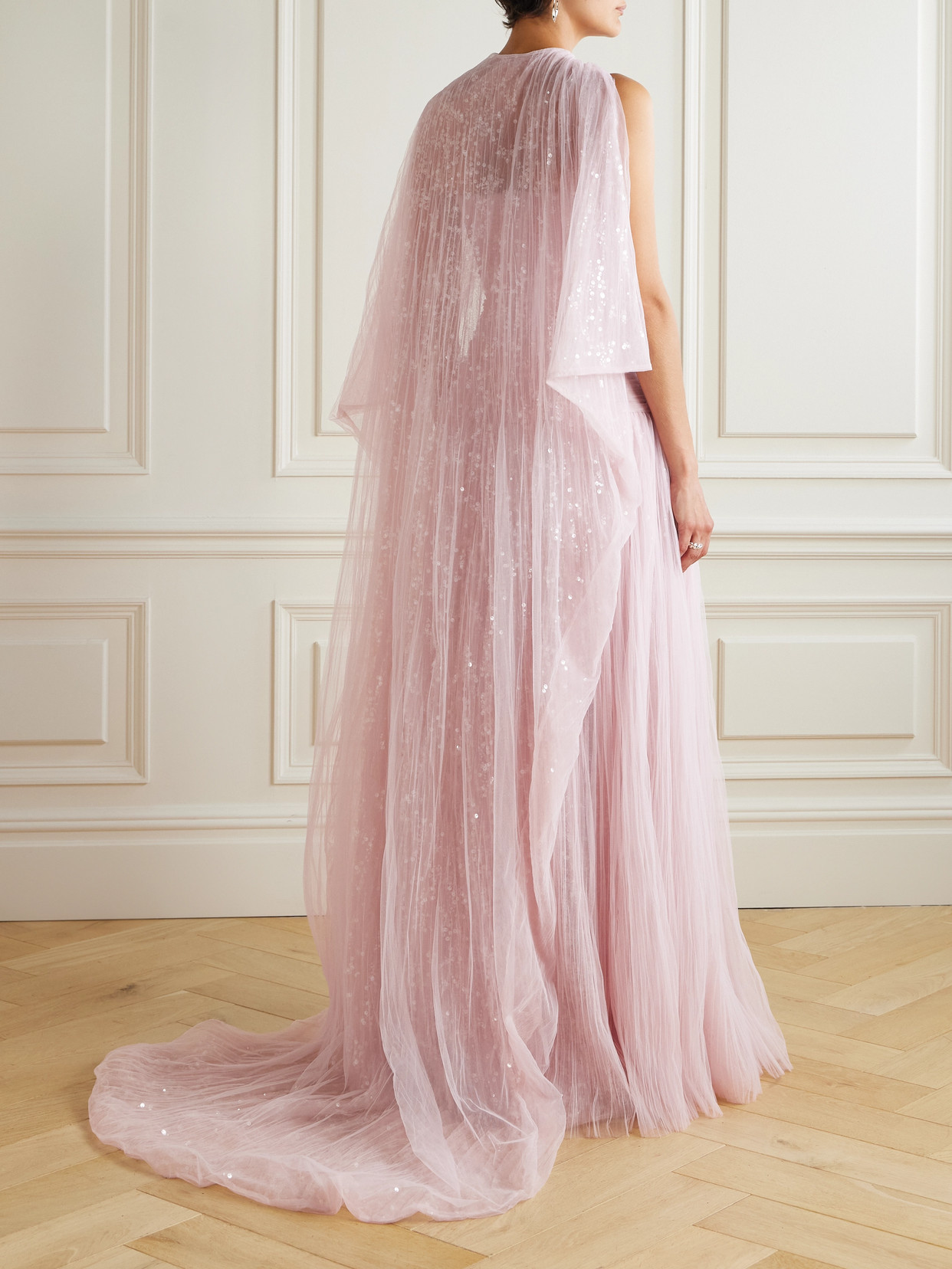 Marmar Halim Cape-effect Sequined Plissé-chiffon Gown In Pink
