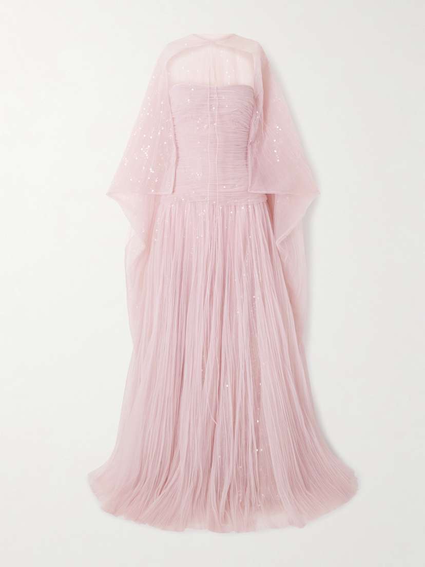 Marmar Halim Cape-effect Sequined Plissé-chiffon Gown