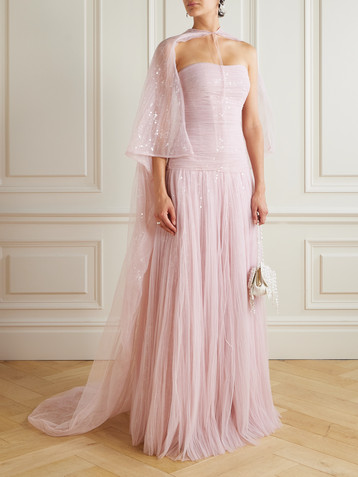 MARMAR HALIM Cape-effect sequined plissé-chiffon gown