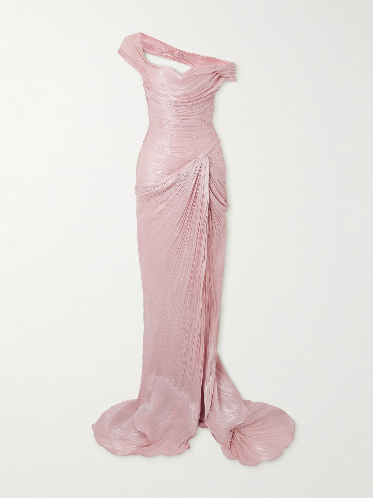 Marmar Halim Off-the-shoulder Draped Metallic Plissé-taffeta Gown In Pink