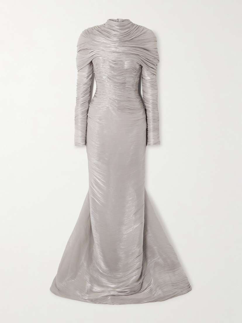 Marmar Halim Cape-effect Metallic Plissé-chiffon Gown