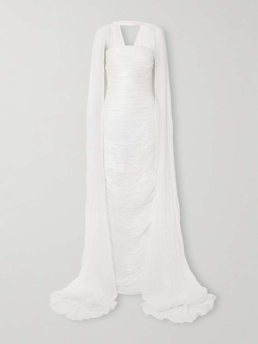 Marmar Halim Cape-effect Metallic Plissé-taffeta Gown