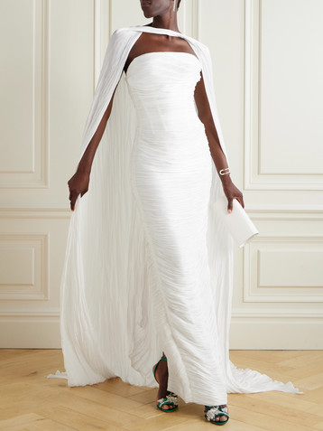 MARMAR HALIM Cape-effect metallic plissé-taffeta gown