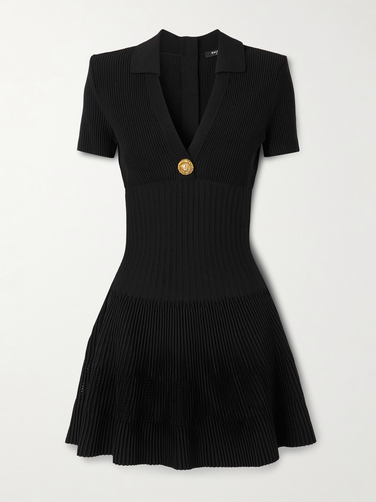 Balmain Button-embellished Ribbed Knit Mini Dress In Black