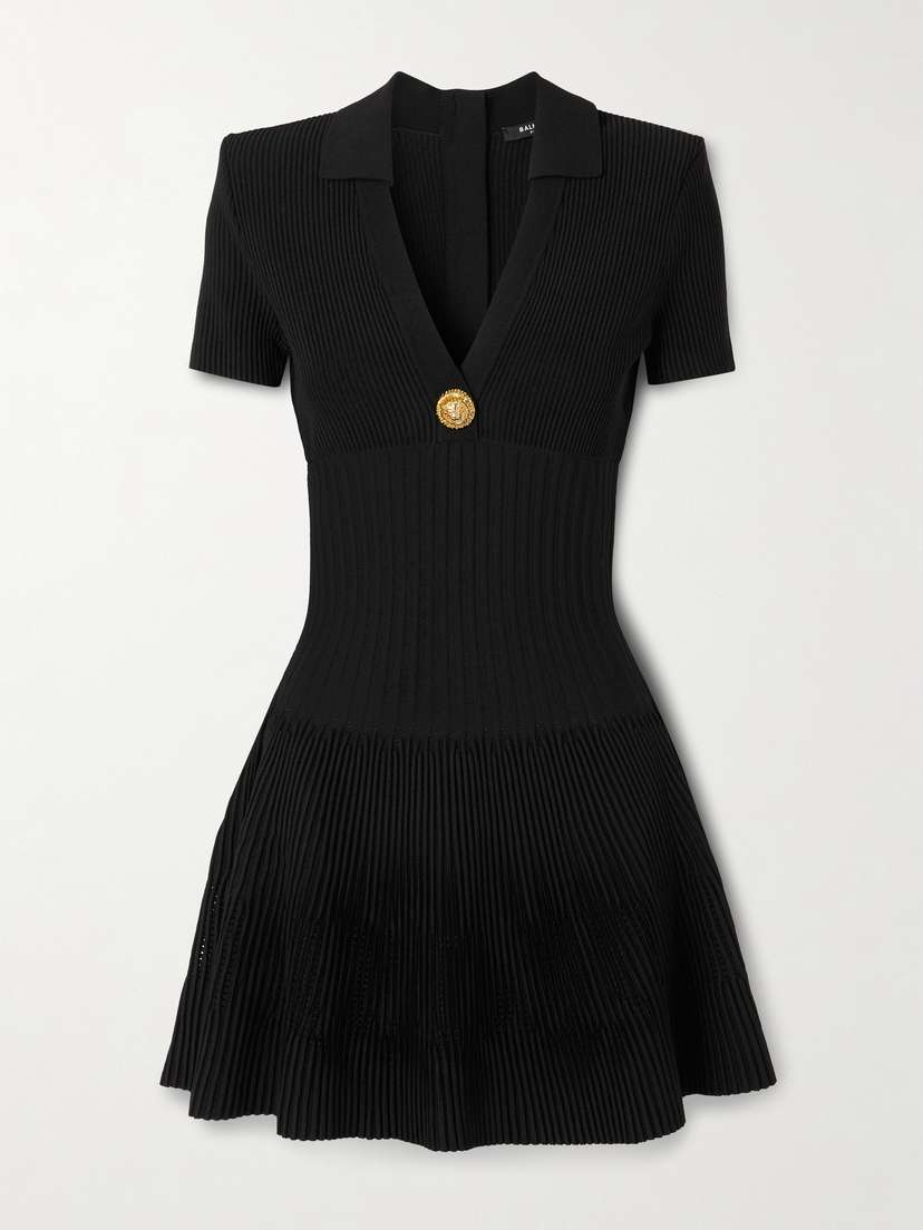 Balmain Button-embellished Ribbed Knit Mini Dress
