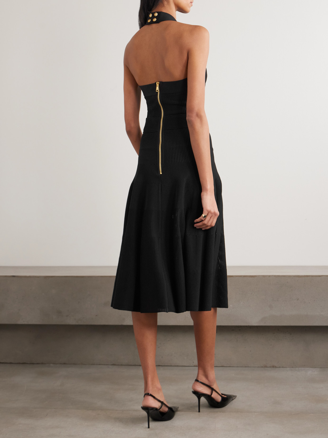 Balmain Ribbed Jersey Halterneck Midi Dress In Black