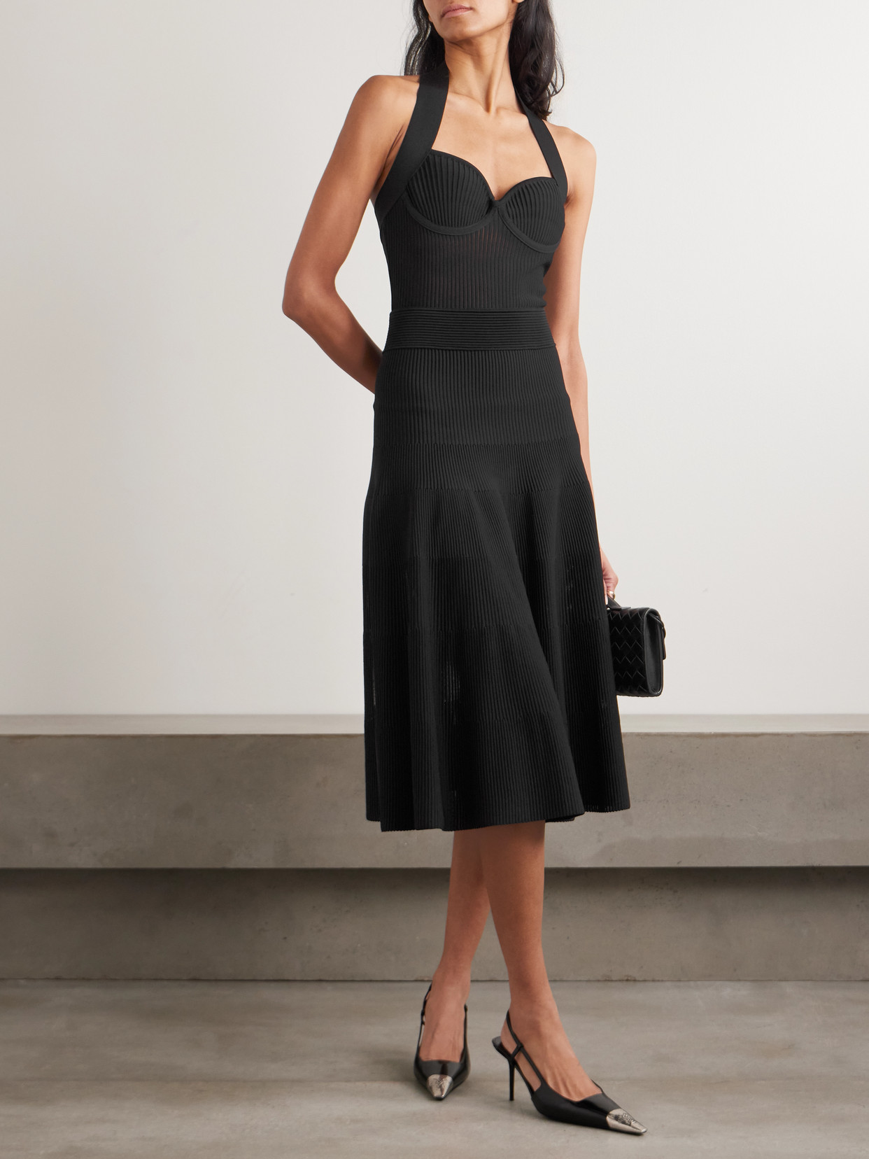 Balmain Ribbed Jersey Halterneck Midi Dress In Black