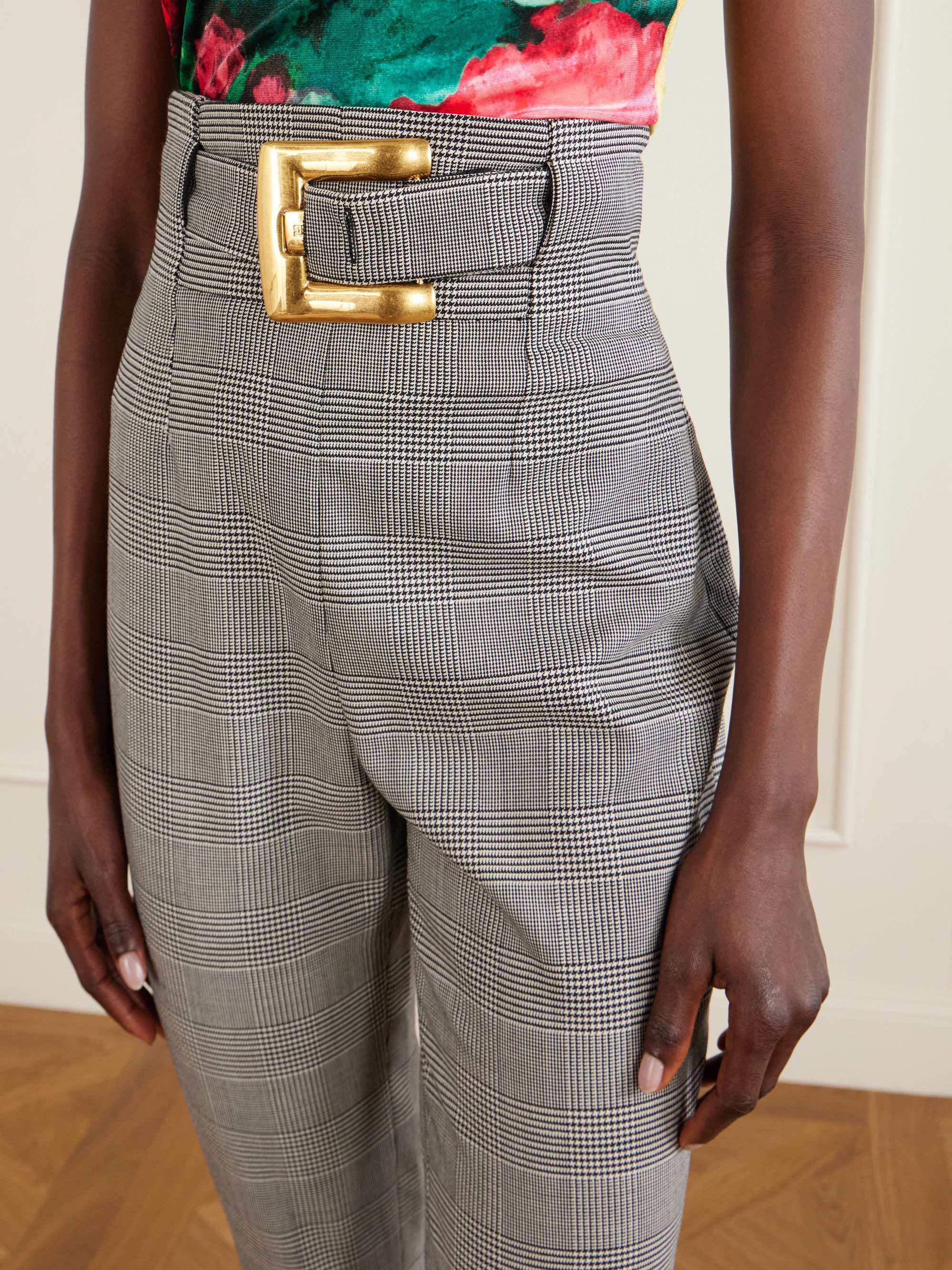 BALMAIN チェック柄 スリムフィットパンツ BALMAIN Belted Prince of Wales checked wool-blend skinny pants