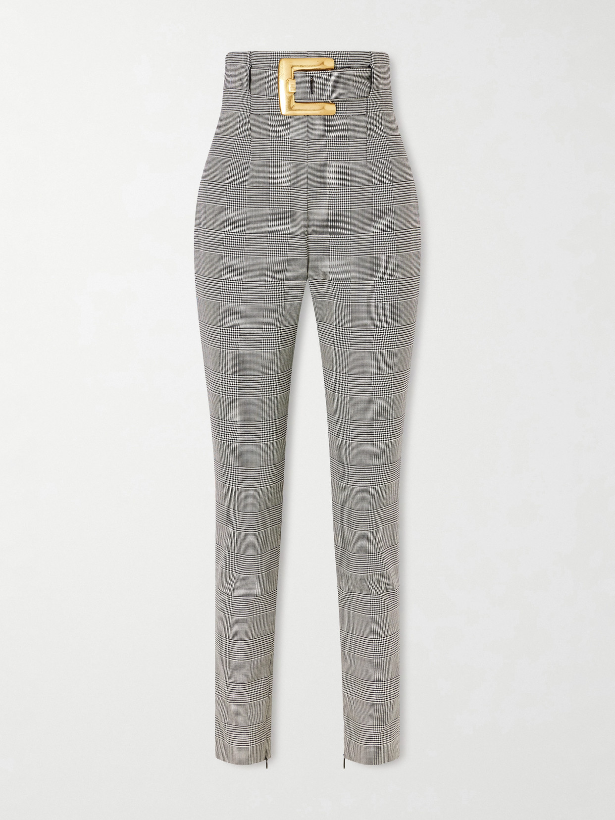Balmain Belted Prince Of Wales Checked Wool-blend Skinny Pants In Black