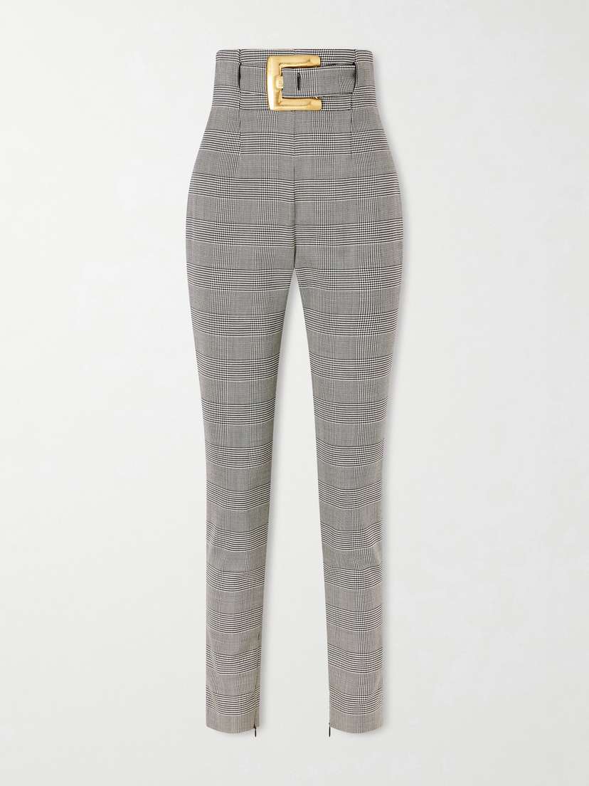 Balmain Belted Prince Of Wales Checked Wool-blend Skinny Pants