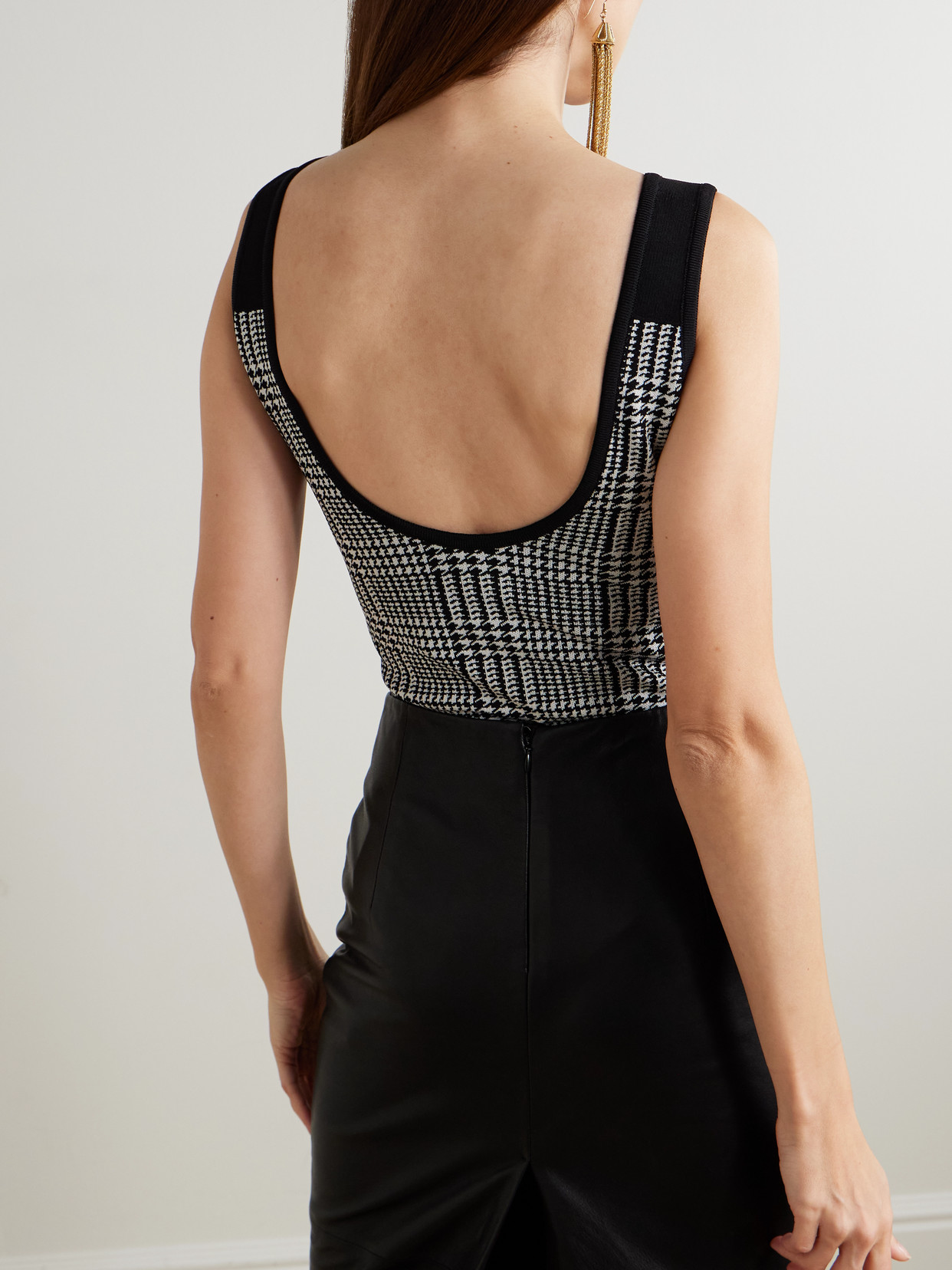 Balmain Embellished Prince Of Wales Checked Stretch-knit Bodysuit In White