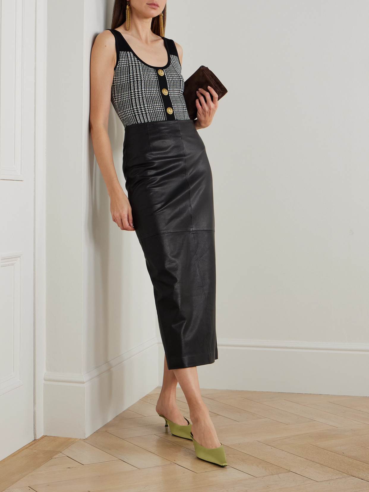 Balmain Embellished Prince Of Wales Checked Stretch-knit Bodysuit In White