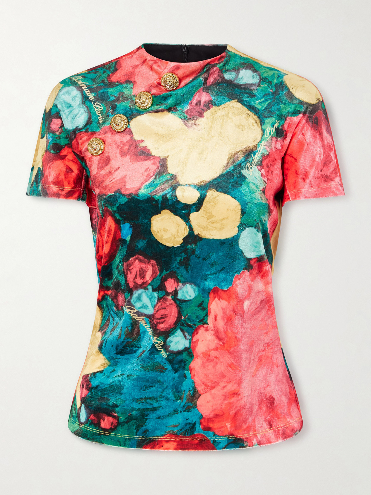 Balmain Embellished Floral-print Velvet T-shirt In Green