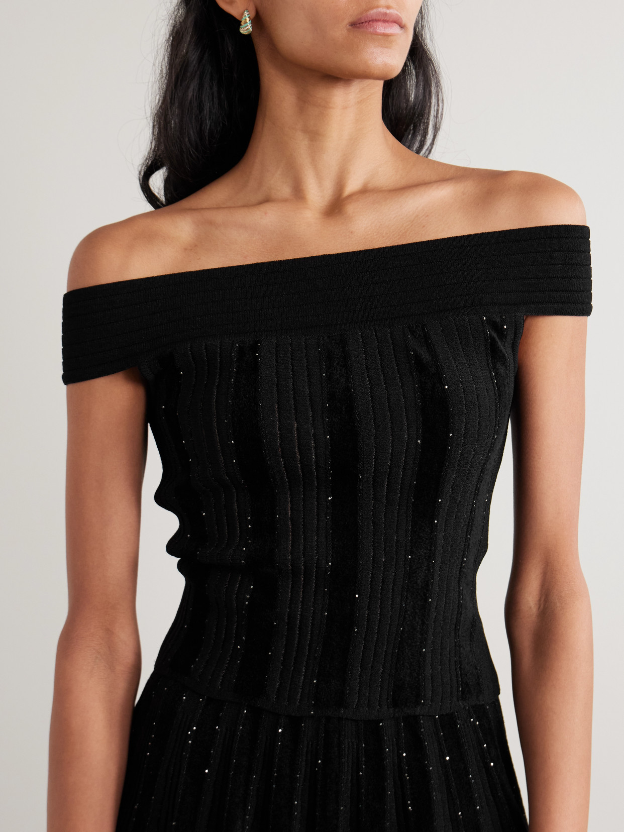 Balmain Off-the-shoulder Glittered Velvet And Ribbed-knit Top In Black