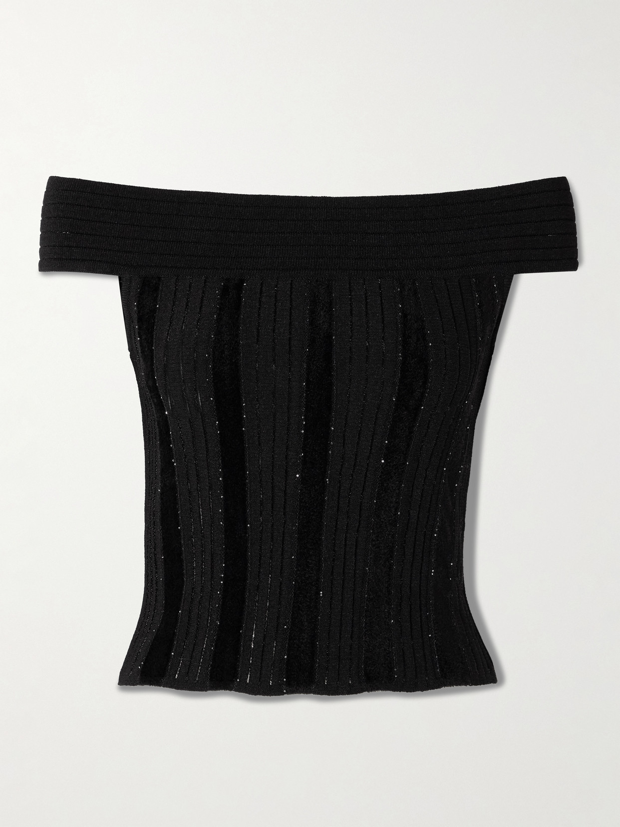 Balmain Off-the-shoulder Glittered Velvet And Ribbed-knit Top In Black