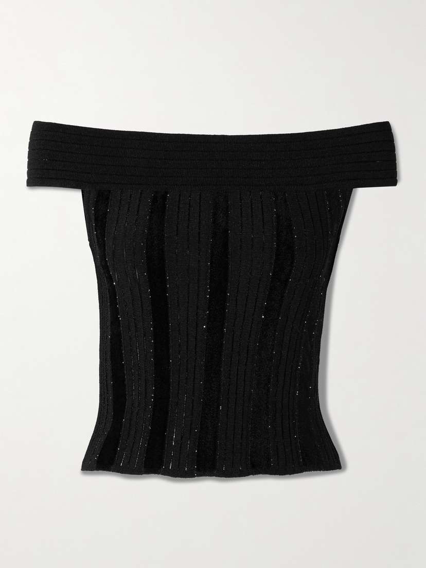 Balmain Off-the-shoulder Glittered Velvet And Ribbed-knit Top