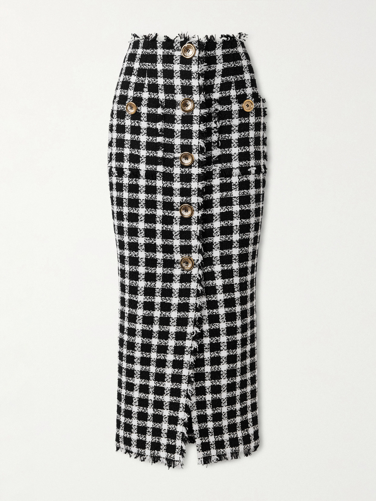 Balmain Frayed Checked Cotton-blend Tweed Midi Skirt In Black