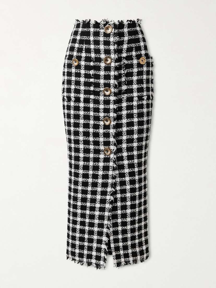 Balmain Frayed Checked Cotton-blend Tweed Midi Skirt