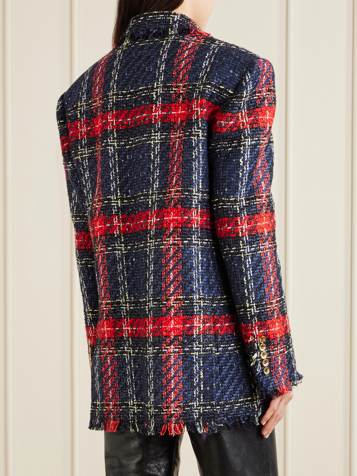 Balmain Fringed Checked Tweed Jacket In Multi