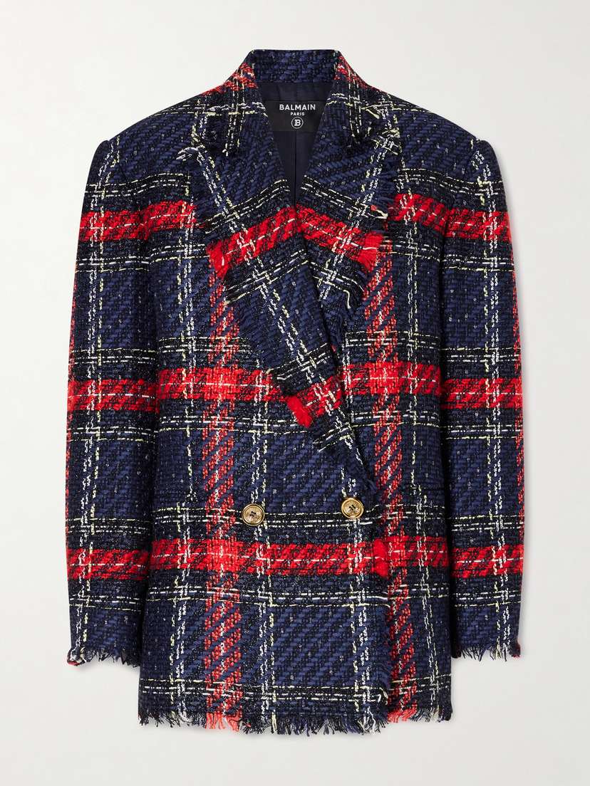 Balmain Fringed Checked Tweed Jacket