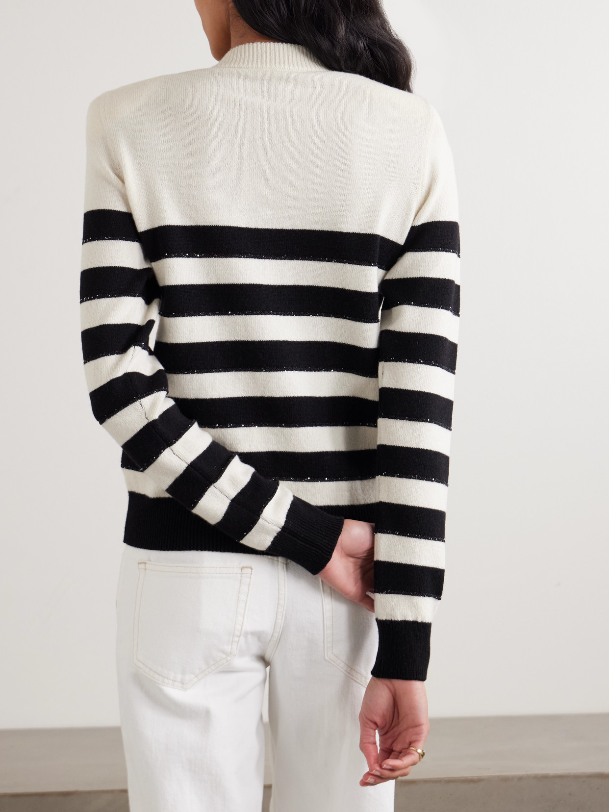 Balmain Embellished Striped Knitted Sweater In White