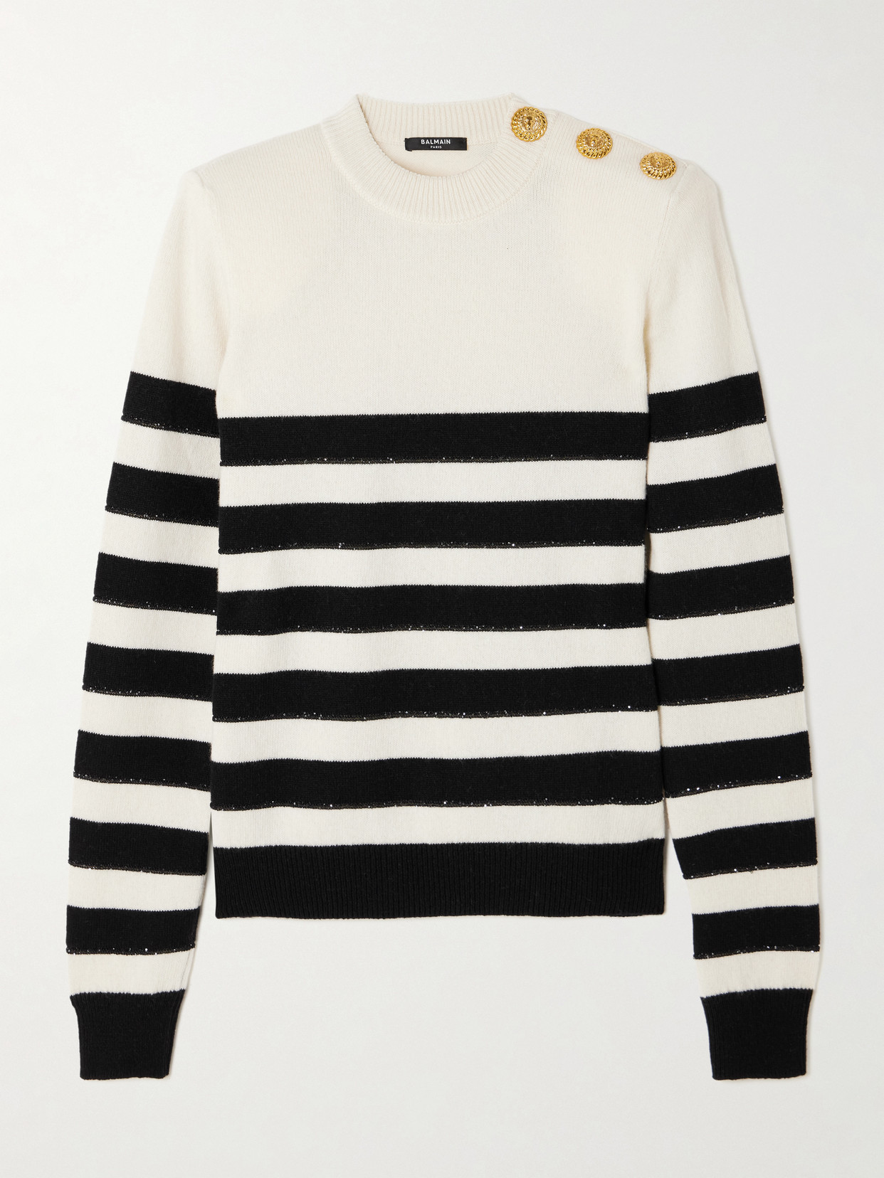 Balmain Embellished Striped Knitted Sweater In White