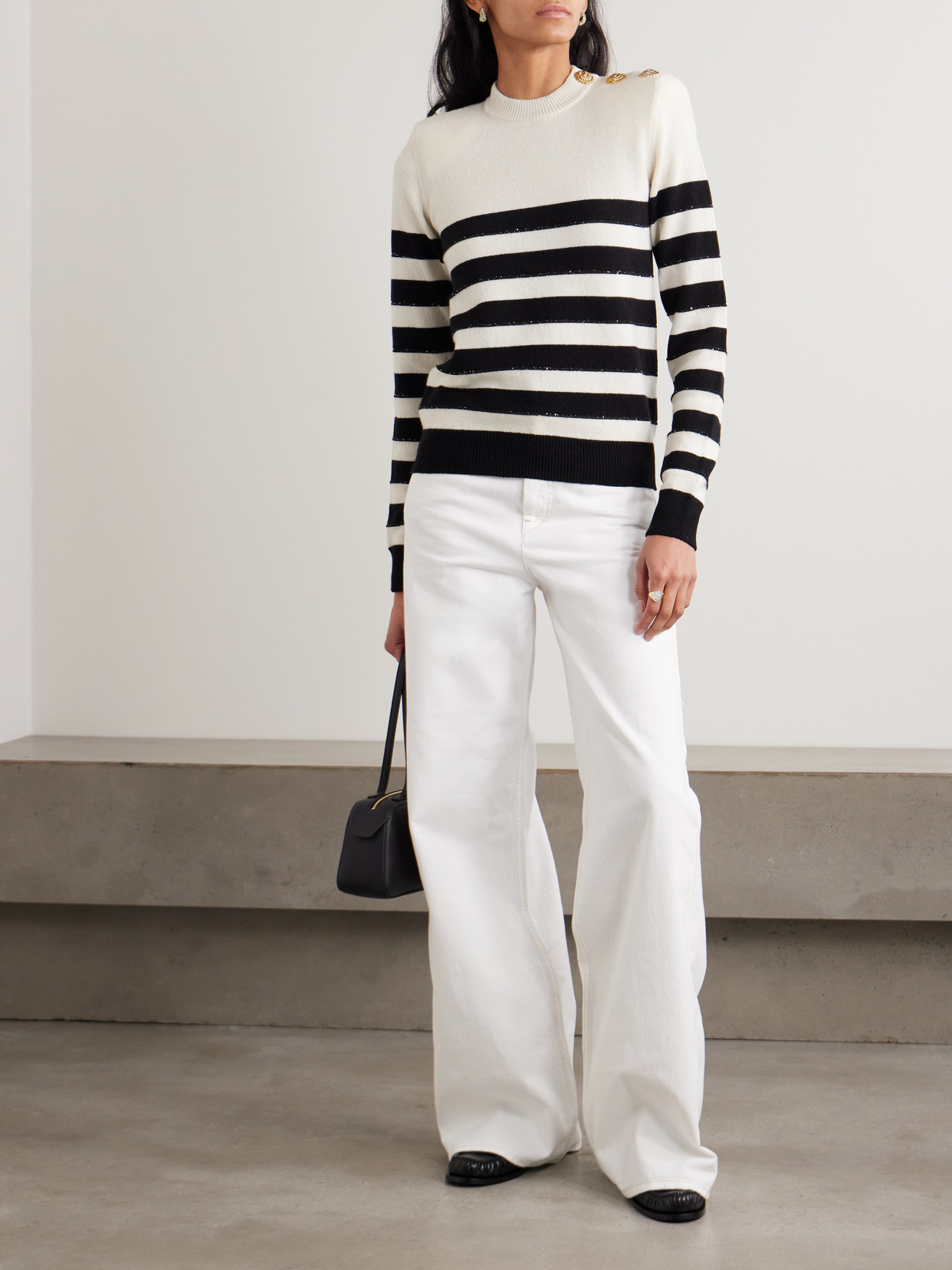Balmain Embellished Striped Knitted Sweater In White