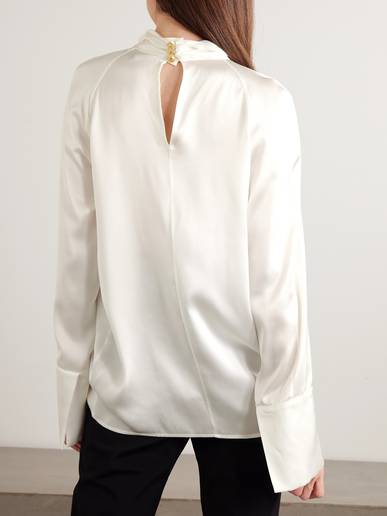 Balmain High Neck Long Sleeve Silk Blend Top In White