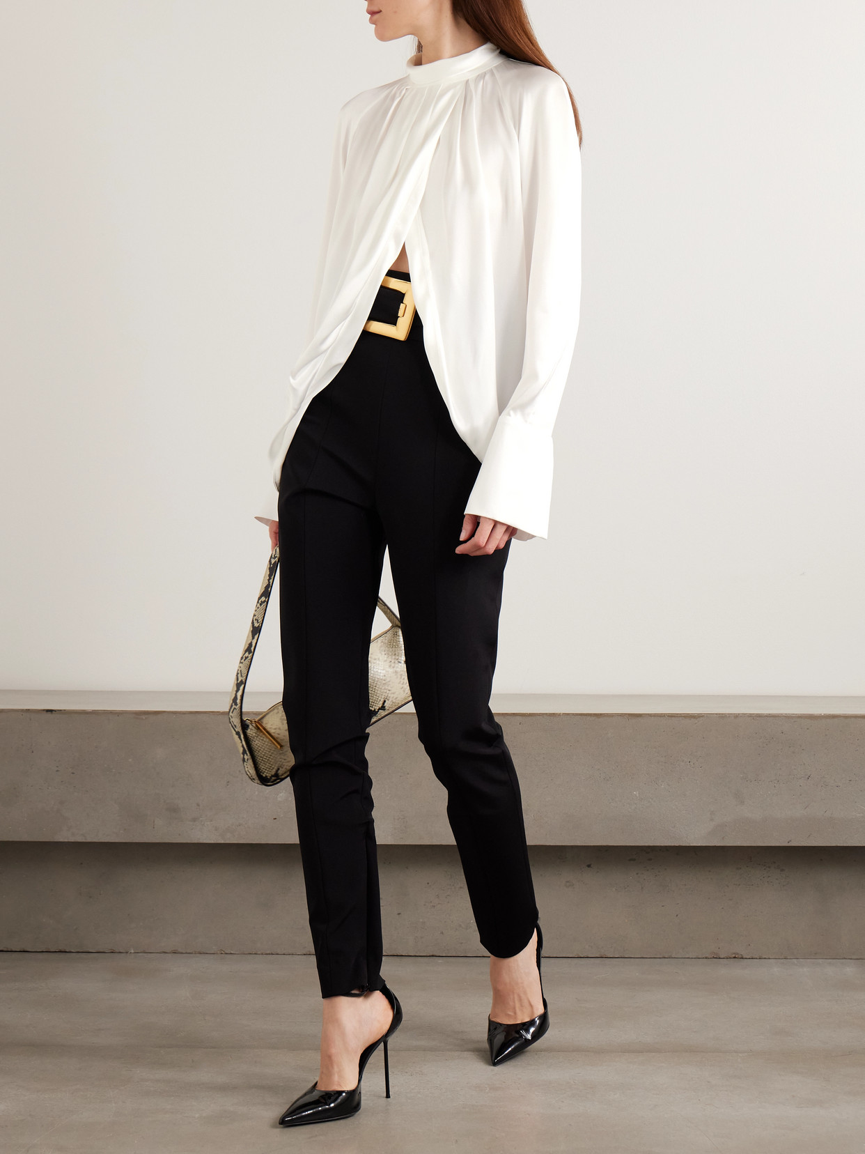 Balmain High Neck Long Sleeve Silk Blend Top In White