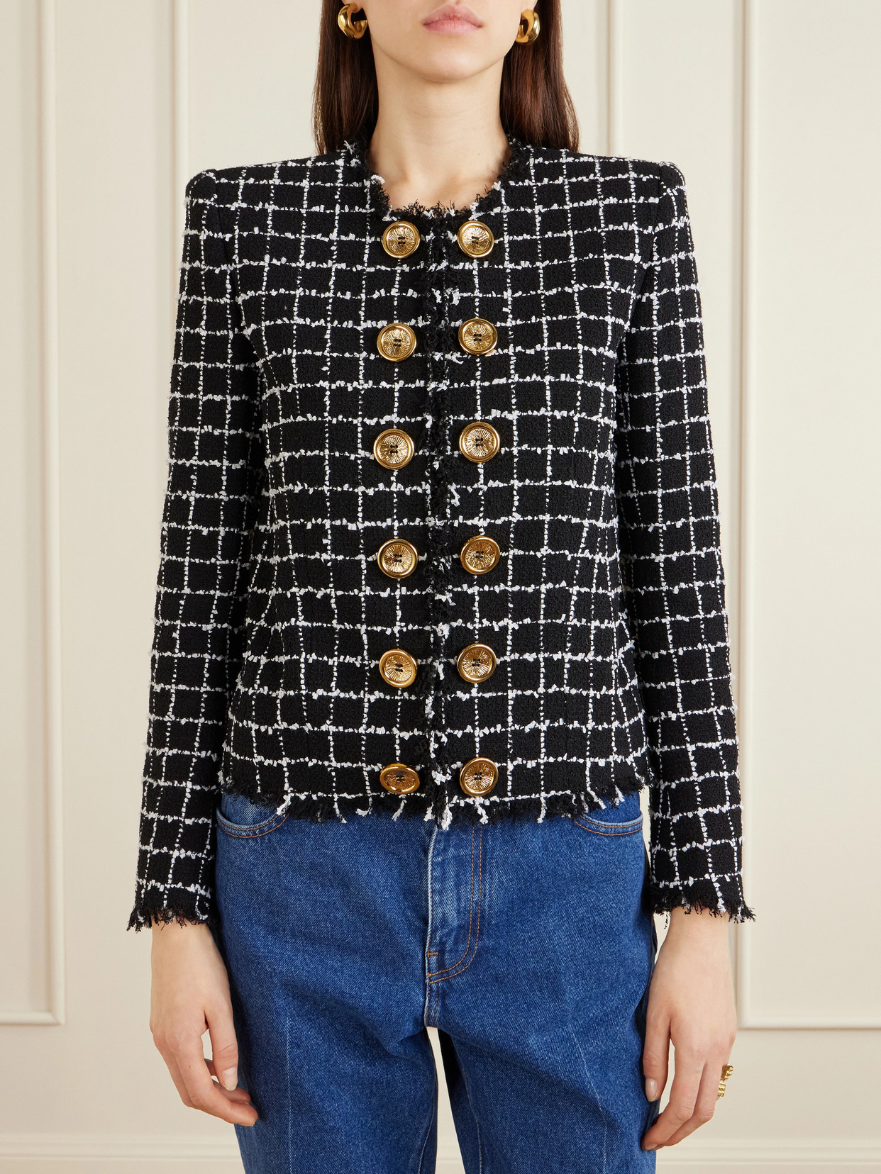 Balmain Tweed Jacket Long Sleeves Frayed Edges In Multi