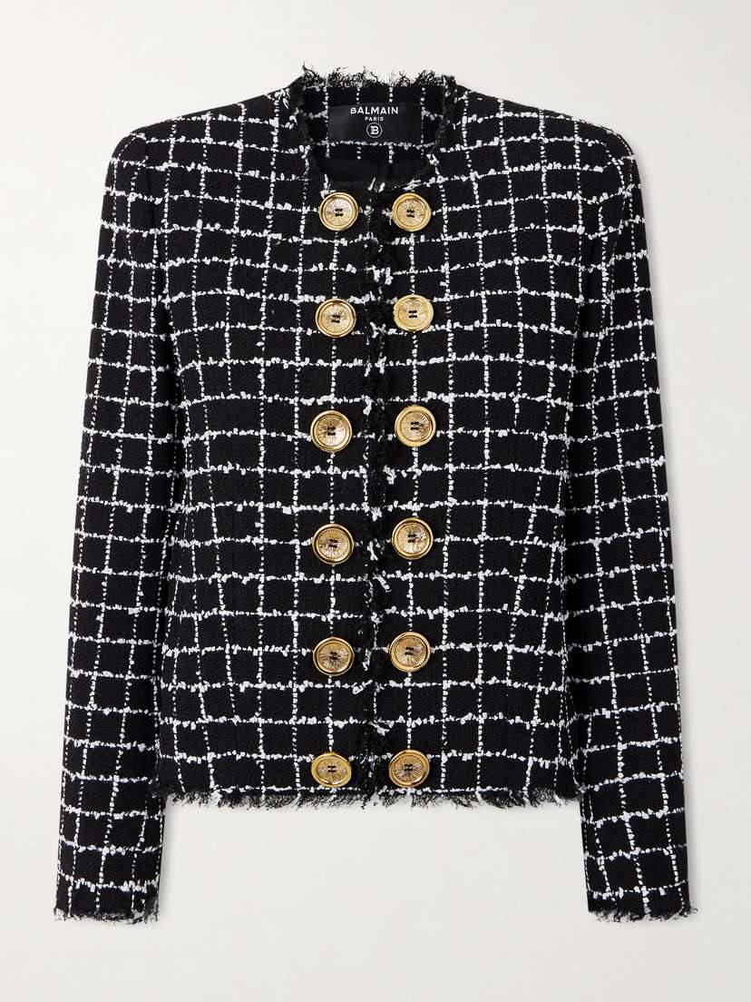 Balmain Frayed Checked Bouclé-tweed Jacket