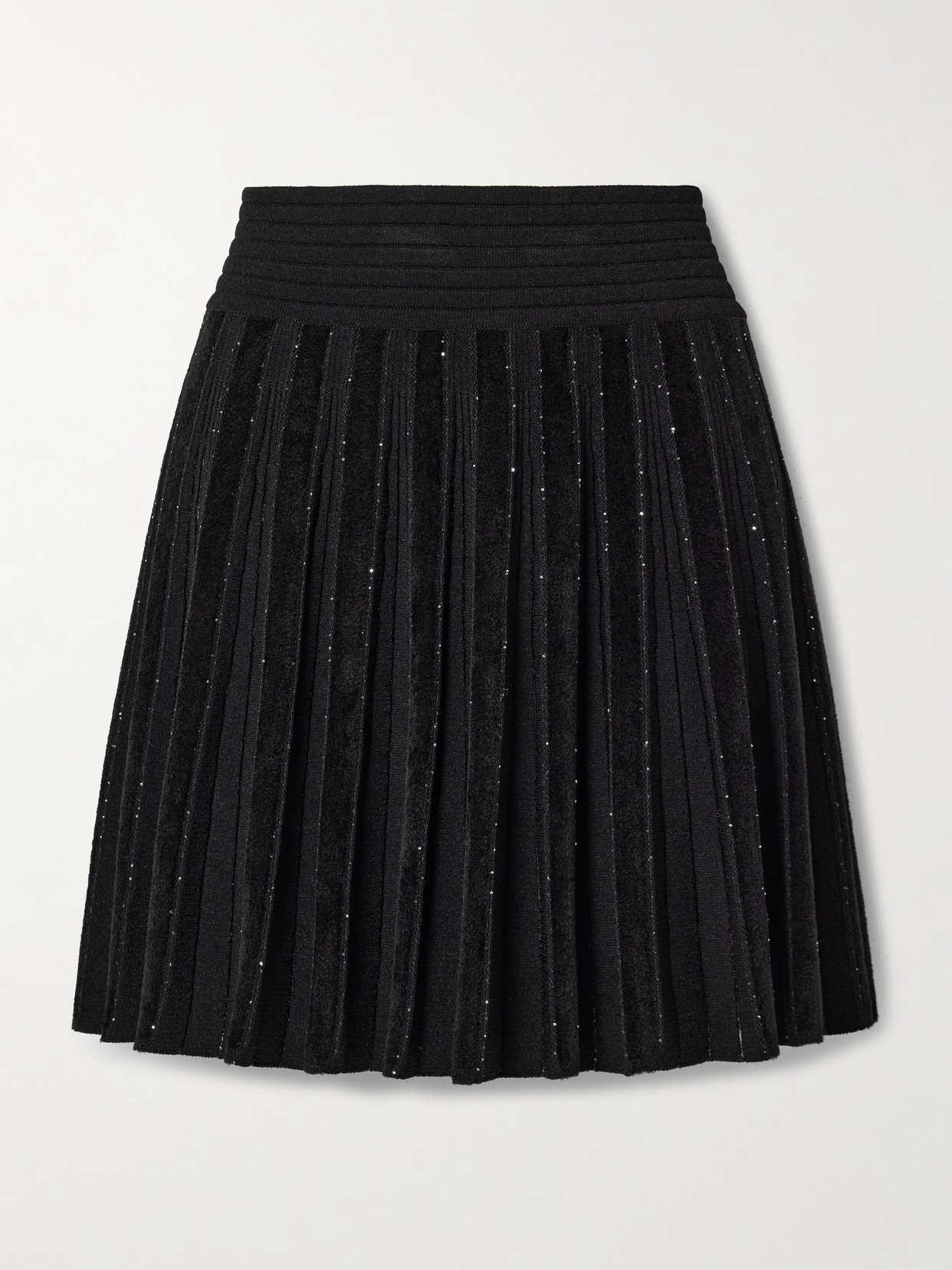 Balmain Pleated Sequin-embellished Velvet And Ribbed-knit Mini Skirt In Black