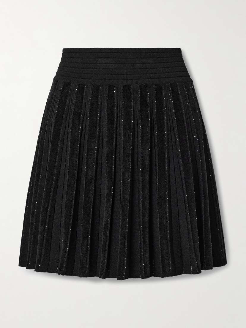 Balmain Pleated Sequin-embellished Velvet And Ribbed-knit Mini Skirt