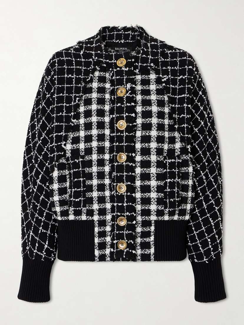 Balmain Frayed Checked Bouclé-tweed Bomber Jacket